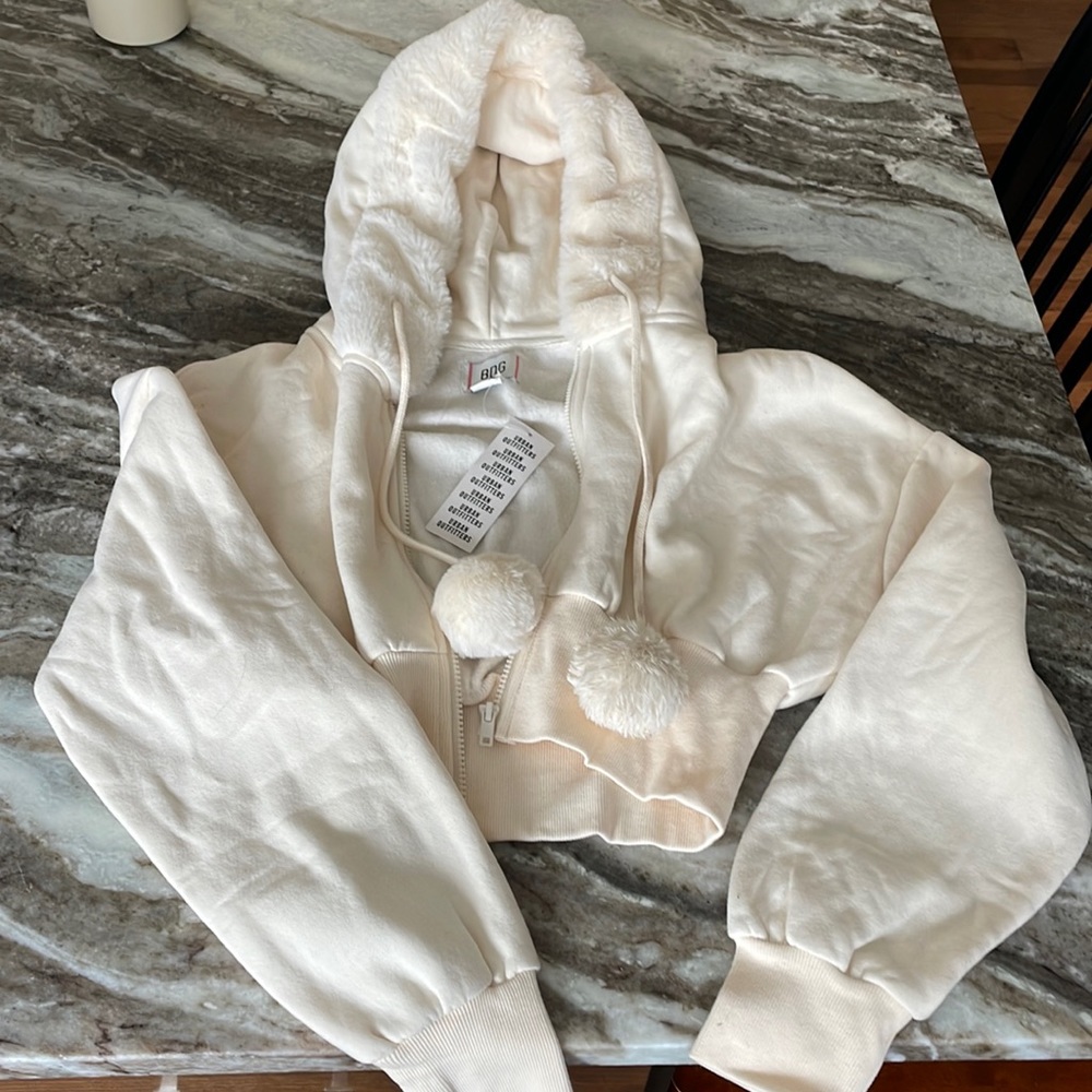 BDG / Urban Outfitters cropped zip up hoodie with fur trim and Pom poms